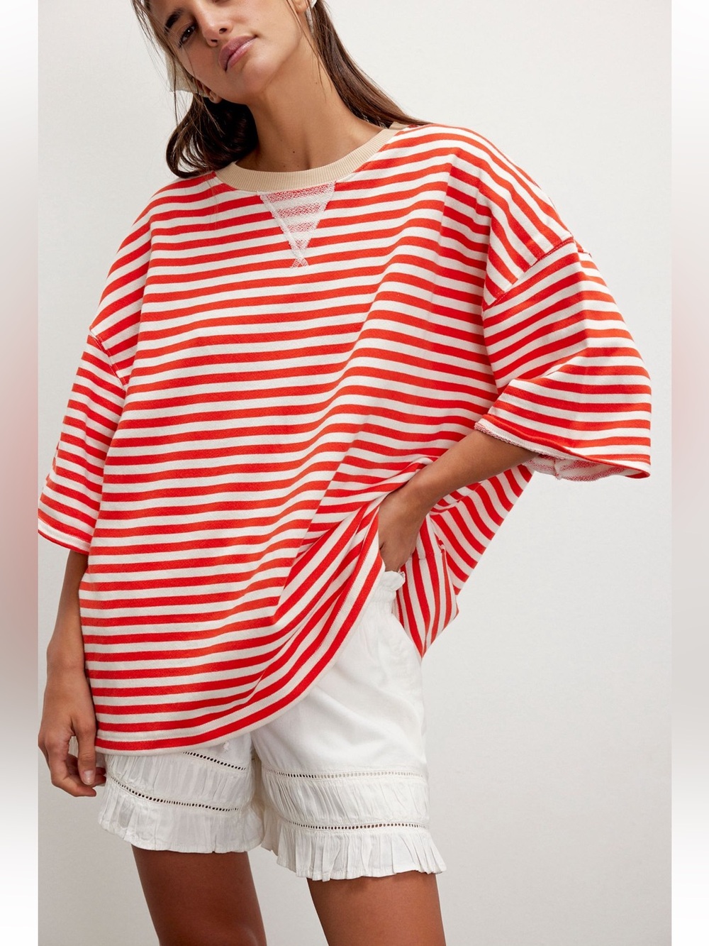 NWT Free People Red and Cream Striped Relaxed Sweatshirt